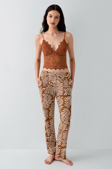 Arnetta Kadın Pamuklu Gömlek Yaka Baskılı Yazlık Regular Fit Kahverengi Pijama Takımı AR3608-S-V1 - 3