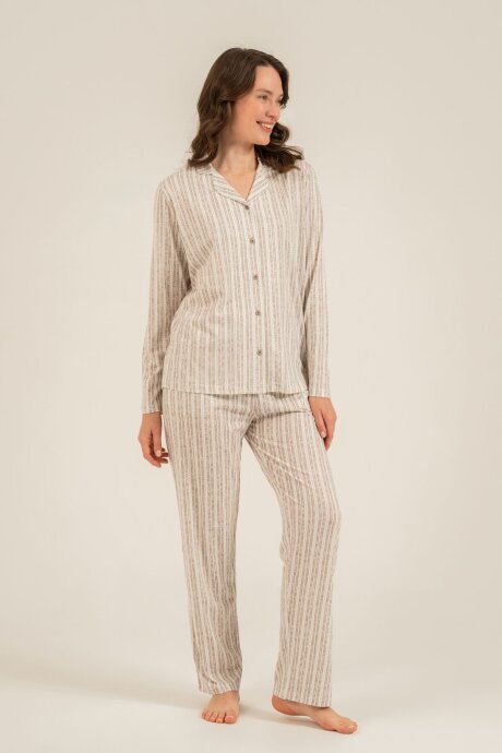 Arnetta Kadın Pamuklu Kahverengi Çizgili Gömlek Pijama Takımı AR3780-S-V2 - 3