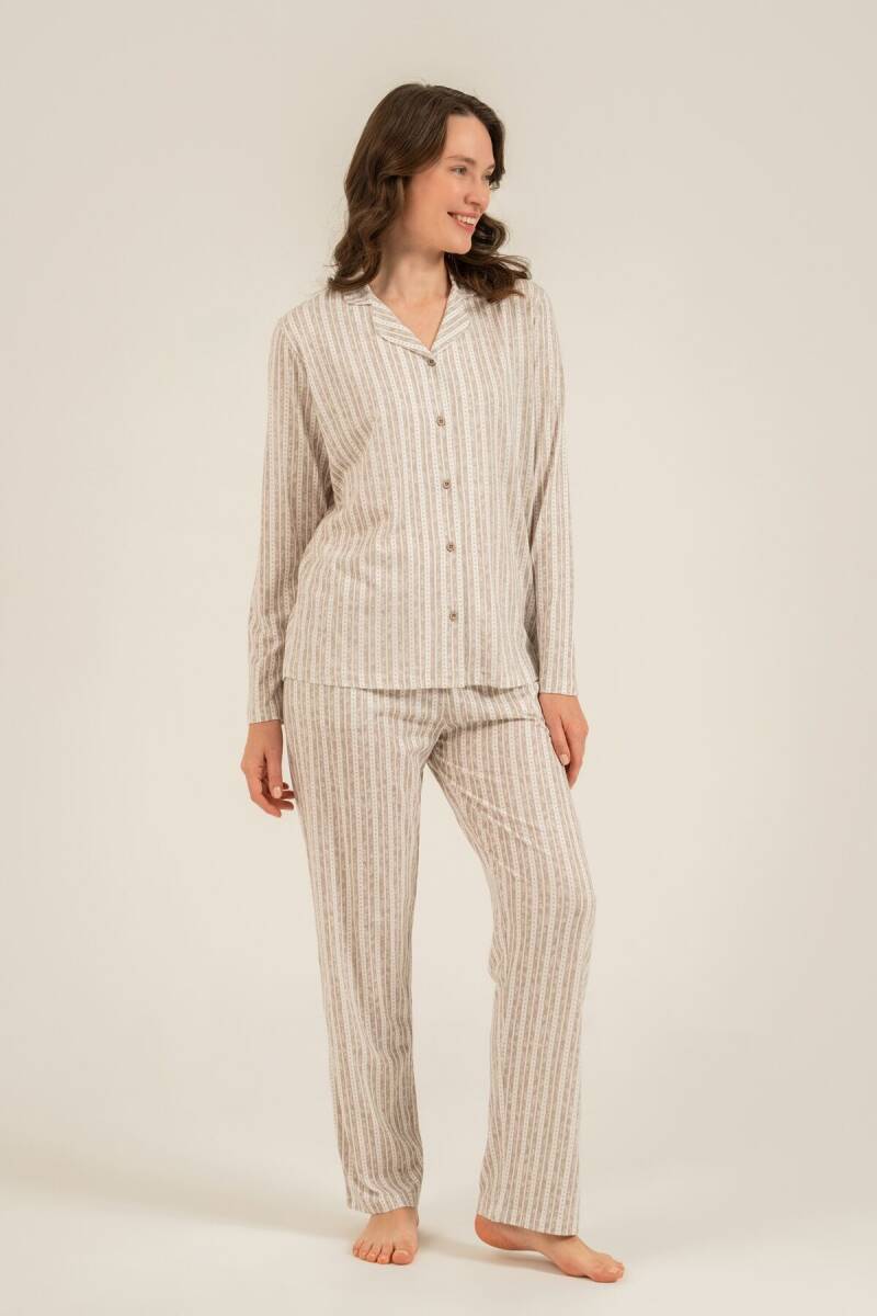Arnetta Kadın Pamuklu Kahverengi Çizgili Gömlek Pijama Takımı AR3780-S-V2 - 3