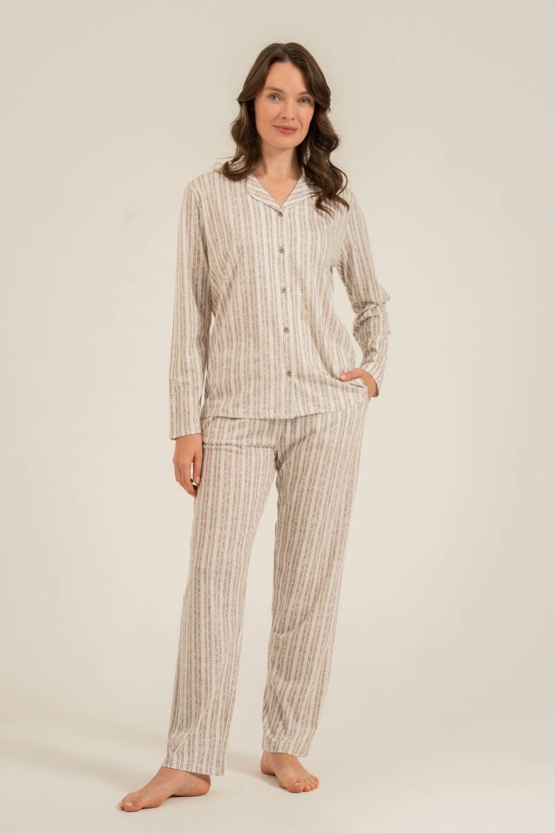 Arnetta Kadın Pamuklu Kahverengi Çizgili Gömlek Pijama Takımı AR3780-S-V2 - 7