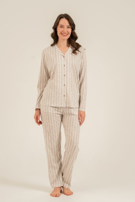 Arnetta Kadın Pamuklu Kahverengi Çizgili Gömlek Pijama Takımı AR3780-S-V2