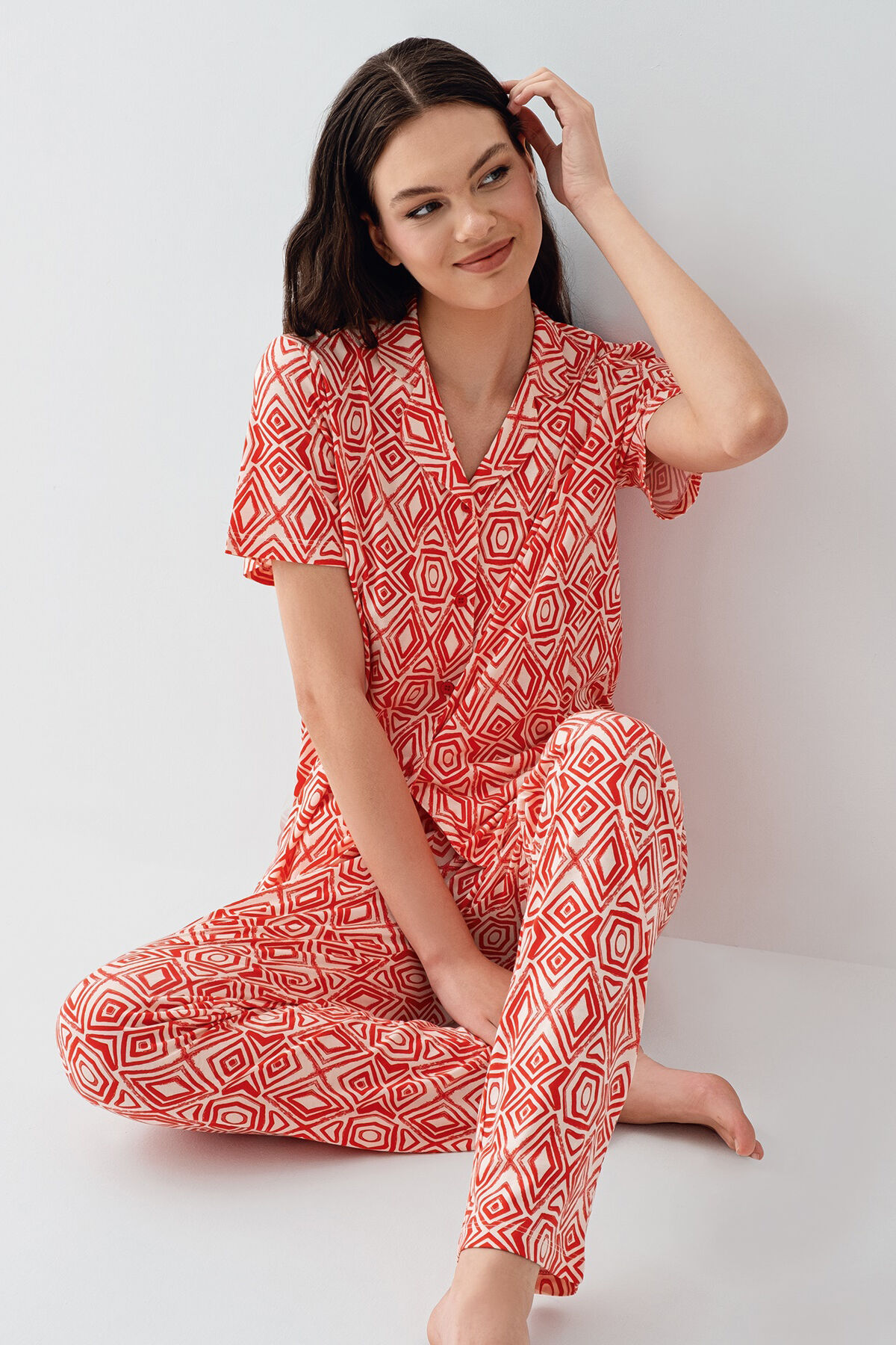 Arnetta Kadın Kırmızı Gömlek Pijama Takım