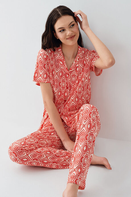 Arnetta Kadın Pamuklu Gömlek Yaka Baskılı Yazlık Regular Fit Kırmızı Pijama Takımı AR3613-S-V1 - 1