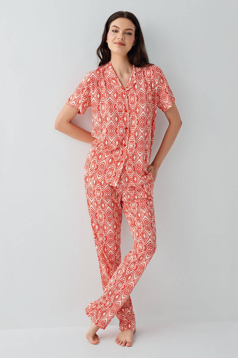 Arnetta Kadın Pamuklu Gömlek Yaka Baskılı Yazlık Regular Fit Kırmızı Pijama Takımı AR3613-S-V1 - 2