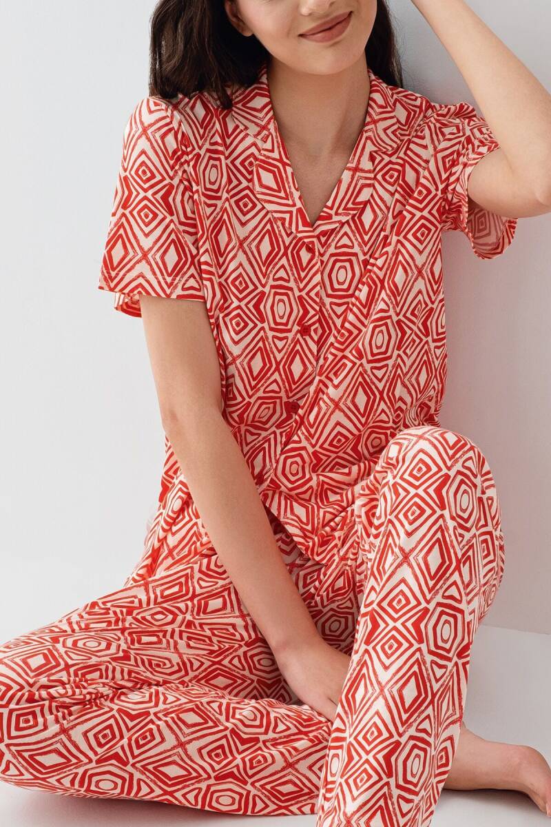 Arnetta Kadın Pamuklu Gömlek Yaka Baskılı Yazlık Regular Fit Kırmızı Pijama Takımı AR3613-S-V1 - 3