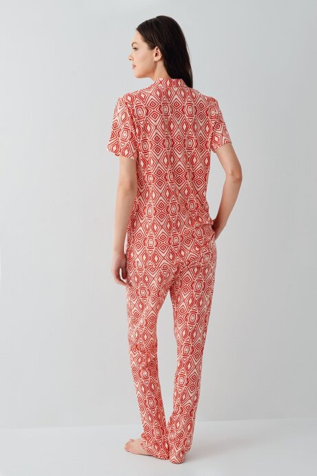 Arnetta Kadın Pamuklu Gömlek Yaka Baskılı Yazlık Regular Fit Kırmızı Pijama Takımı AR3613-S-V1 - 4
