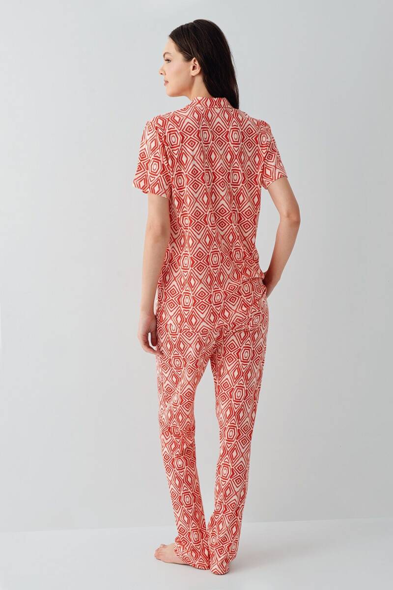 Arnetta Kadın Pamuklu Gömlek Yaka Baskılı Yazlık Regular Fit Kırmızı Pijama Takımı AR3613-S-V1 - 4