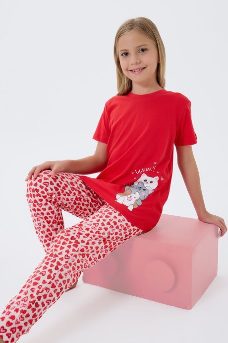 Arnetta Kız Çocuk Bisiklet Yaka Baskılı Yazlık Regular Fit Kırmızı Pijama Takımı AR3581-C-V1