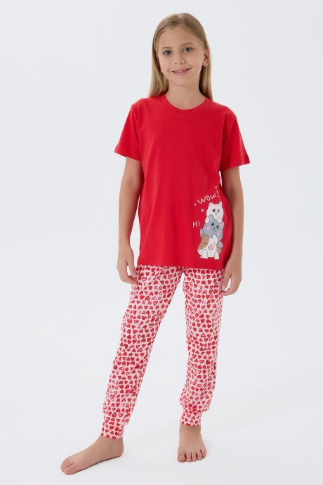 Arnetta Kız Çocuk Bisiklet Yaka Baskılı Yazlık Regular Fit Kırmızı Pijama Takımı AR3581-C-V1 (1)