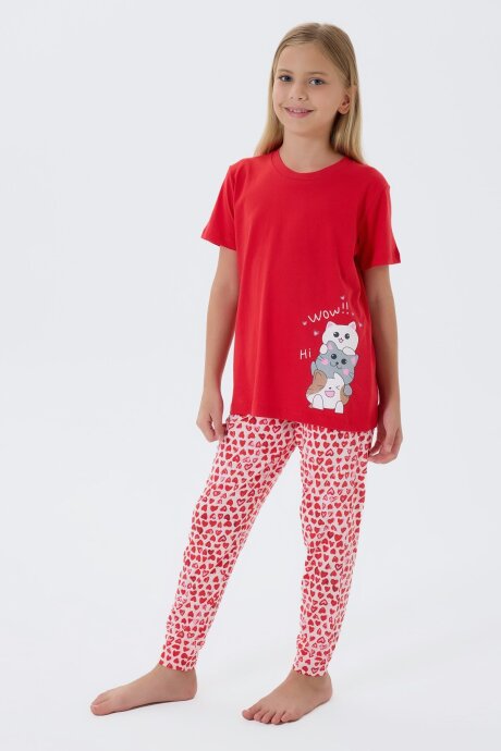 Arnetta Kız Çocuk %100 Pamuk Bisiklet Yaka Baskılı Yazlık Regular Fit Kırmızı Pijama Takımı AR3581-C-V1 - 3