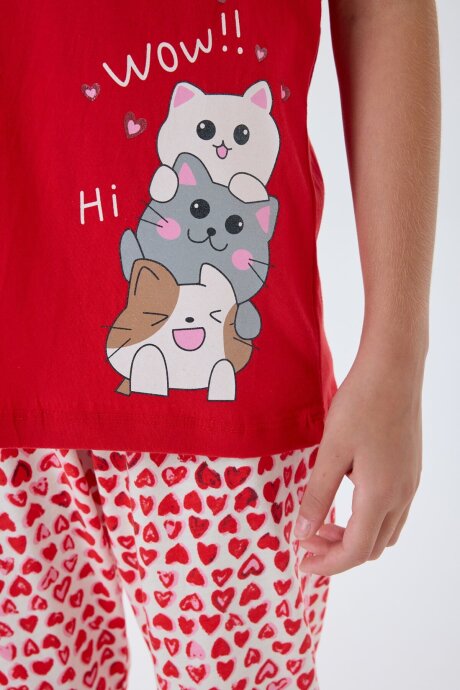 Arnetta Kız Çocuk %100 Pamuk Bisiklet Yaka Baskılı Yazlık Regular Fit Kırmızı Pijama Takımı AR3581-C-V1 - 5