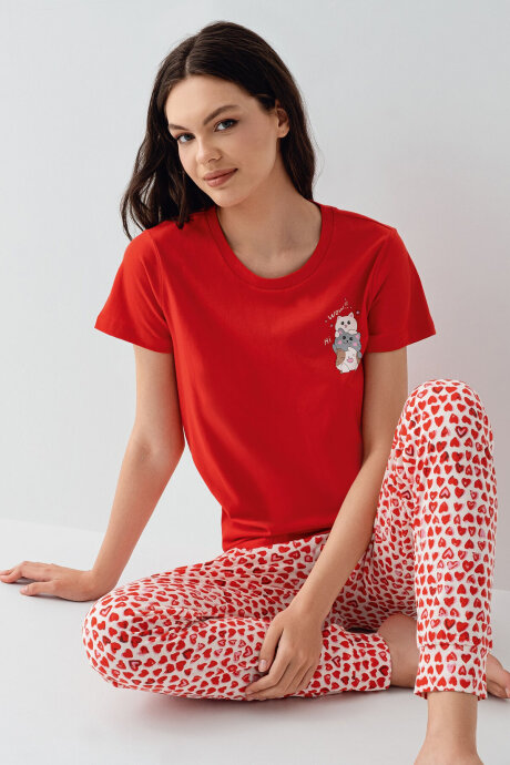 Arnetta Kadın Bisiklet Yaka Baskılı Yazlık Regular Fit Kırmızı Pijama Takımı AR3581-S-V1
