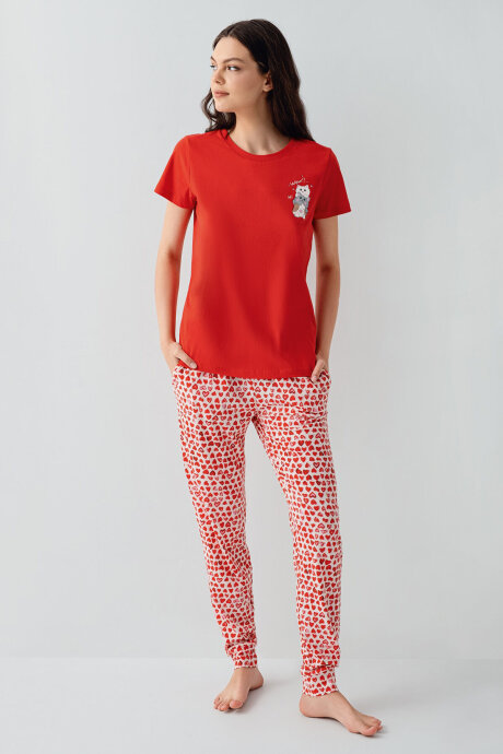 Arnetta Kadın Bisiklet Yaka Baskılı Yazlık Regular Fit Kırmızı Pijama Takımı AR3581-S-V1 (1)