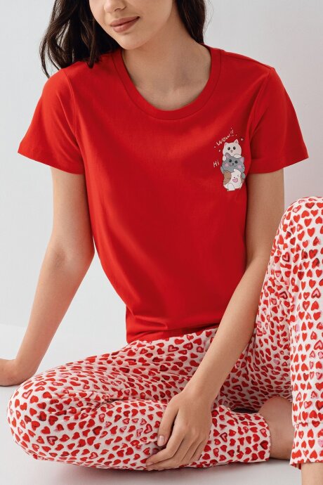 Arnetta Kadın %100 Pamuk Bisiklet Yaka Baskılı Yazlık Regular Fit Kırmızı Pijama Takımı AR3581-S-V1 - 3