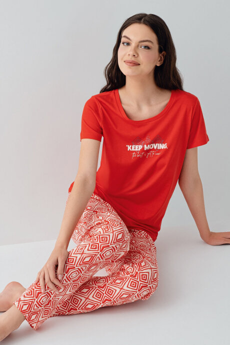 Arnetta Kadın Bisiklet Yaka Baskılı Yazlık Regular Fit Kırmızı Pijama Takımı AR3611-S-V1