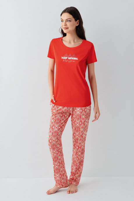 Arnetta Kadın Bisiklet Yaka Baskılı Yazlık Regular Fit Kırmızı Pijama Takımı AR3611-S-V1 (1)