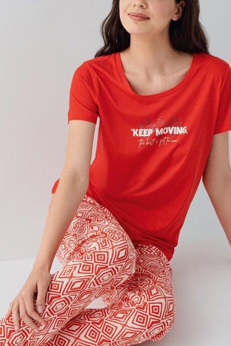 Arnetta Kadın Pamuklu Bisiklet Yaka Baskılı Yazlık Regular Fit Kırmızı Pijama Takımı AR3611-S-V1 - 3