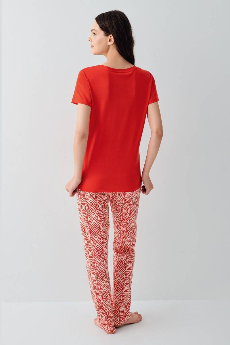Arnetta Kadın Pamuklu Bisiklet Yaka Baskılı Yazlık Regular Fit Kırmızı Pijama Takımı AR3611-S-V1 - 4