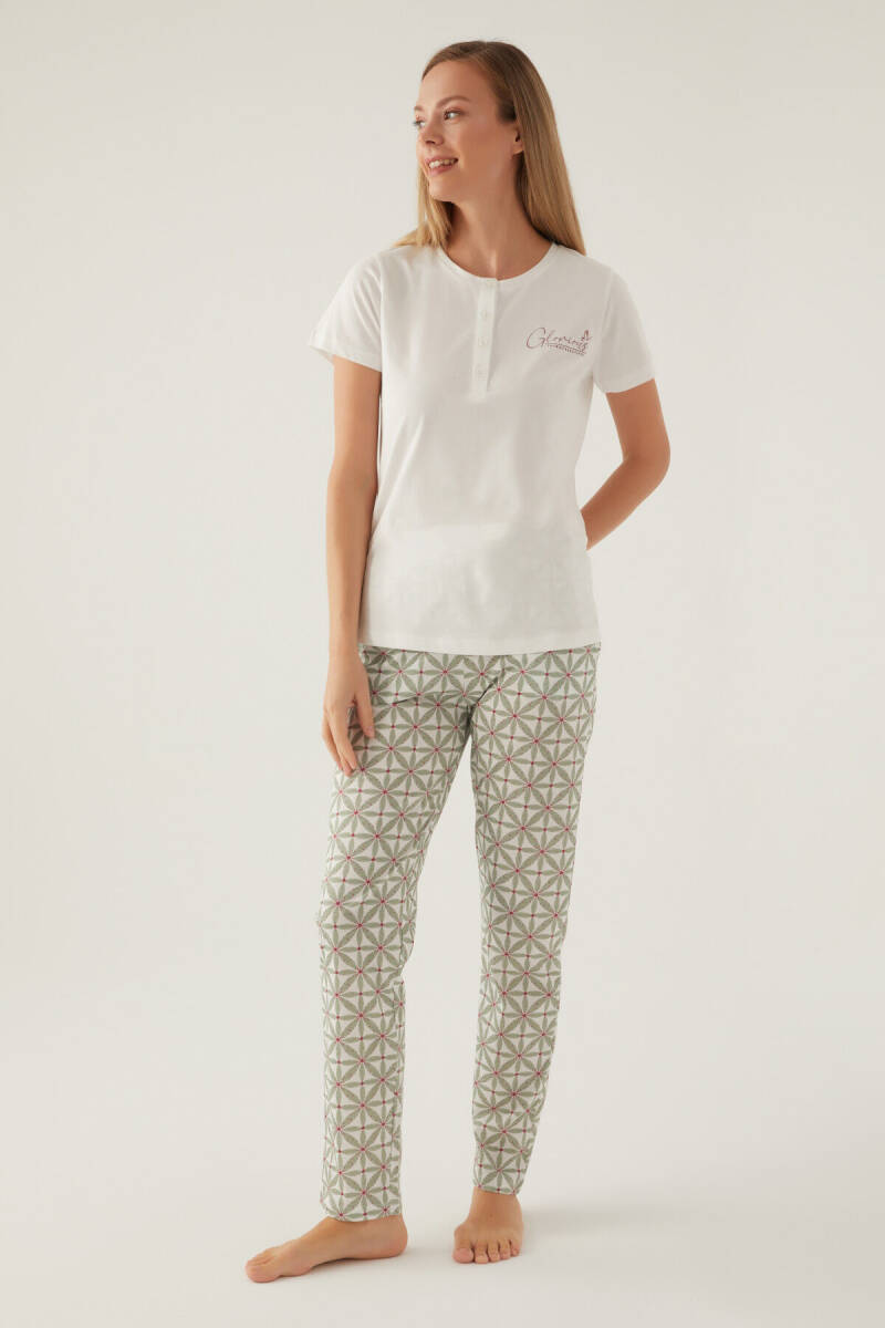 Arnetta Kadın Pamuklu Hakim Yaka Pigment Baskılı Yazlık Regular Fit Beyaz Pijama Takımı AR2881-S-V1 - 2