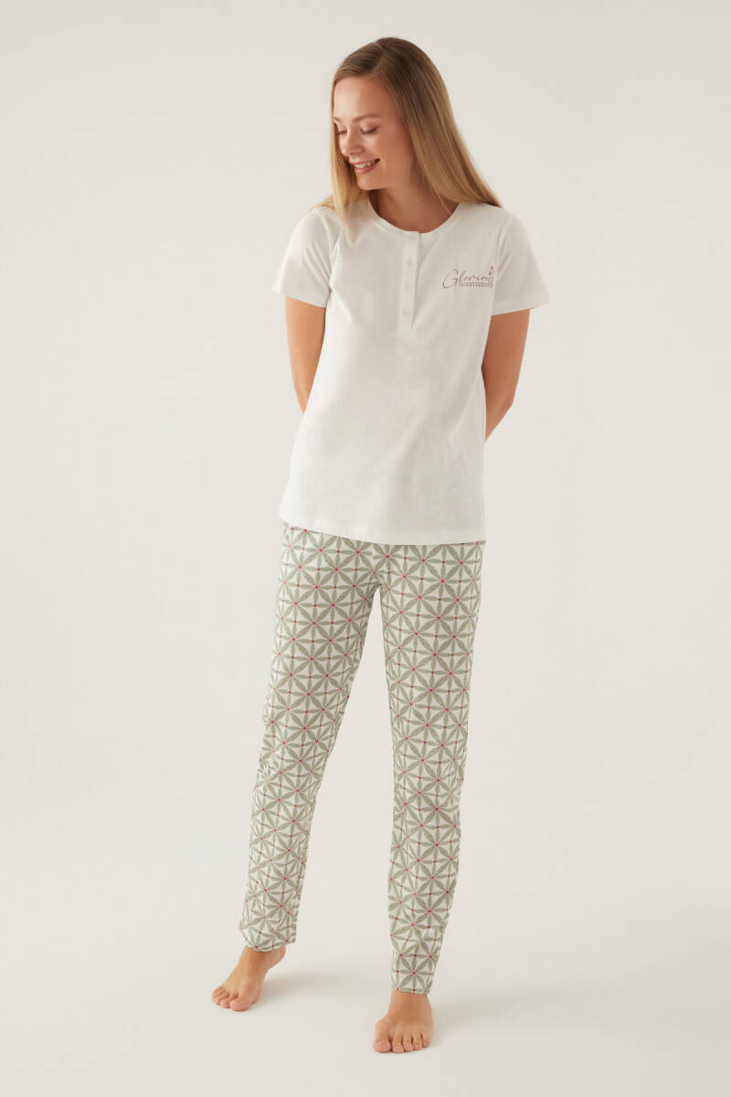 Arnetta Kadın Pamuklu Hakim Yaka Pigment Baskılı Yazlık Regular Fit Beyaz Pijama Takımı AR2881-S-V1 - 3
