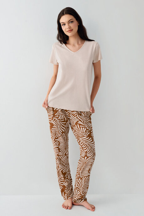 Arnetta Kadın V Yaka Baskısız Yazlık Regular Fit Krem Pijama Takımı AR3605-S-V1 (1)