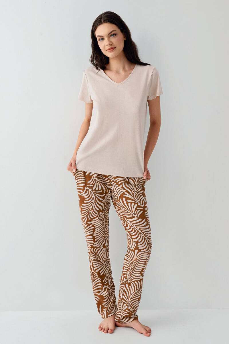 Arnetta Kadın Pamuklu V Yaka Baskısız Yazlık Regular Fit Krem Pijama Takımı AR3605-S-V1 - 2