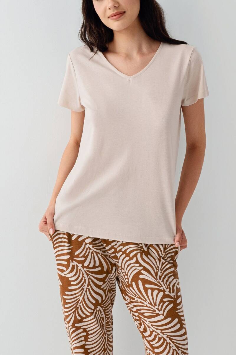 Arnetta Kadın Pamuklu V Yaka Baskısız Yazlık Regular Fit Krem Pijama Takımı AR3605-S-V1 - 3