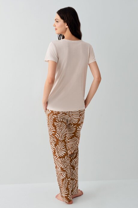 Arnetta Kadın Pamuklu V Yaka Baskısız Yazlık Regular Fit Krem Pijama Takımı AR3605-S-V1 - 4