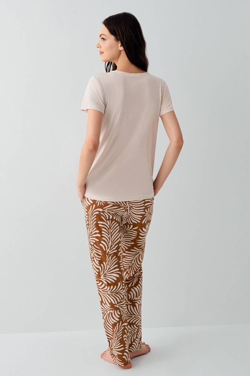 Arnetta Kadın Pamuklu V Yaka Baskısız Yazlık Regular Fit Krem Pijama Takımı AR3605-S-V1 - 4