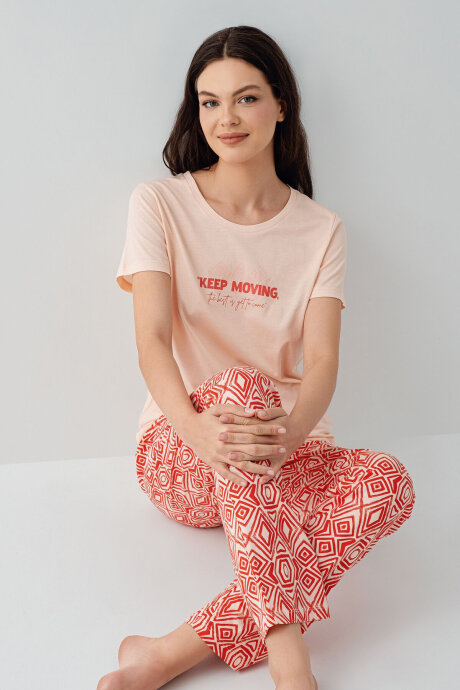Arnetta Kadın Bisiklet Yaka Baskılı Yazlık Regular Fit Pembe Pijama Takımı AR3611-S-V2