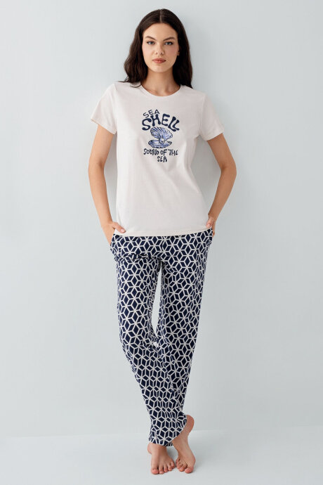 Arnetta Kadın Bisiklet Yaka Baskılı Yazlık Regular Fit Krem Pijama Takımı AR3661-S-V1 (1)