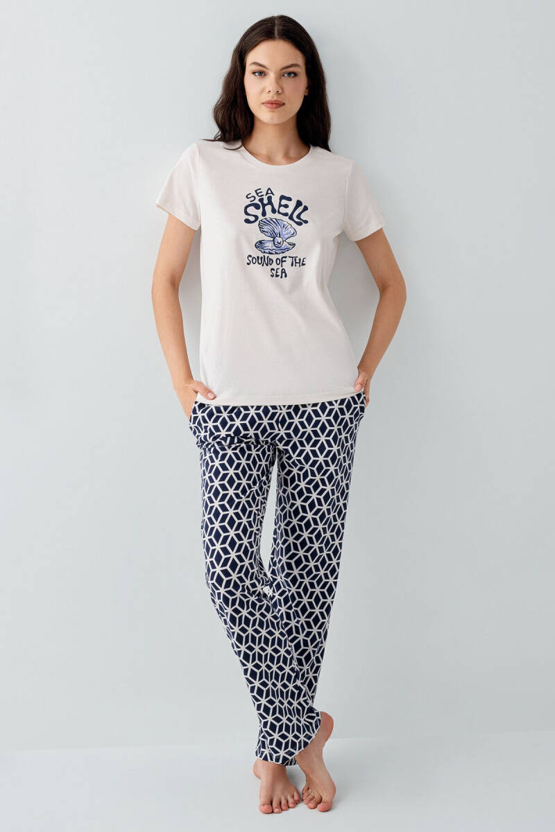 Arnetta Kadın Bisiklet Yaka Baskılı Yazlık Regular Fit Krem Pijama Takımı AR3661-S-V1 - 2