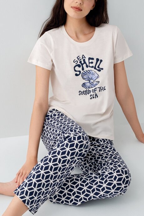 Arnetta Kadın Bisiklet Yaka Baskılı Yazlık Regular Fit Krem Pijama Takımı AR3661-S-V1 - 3