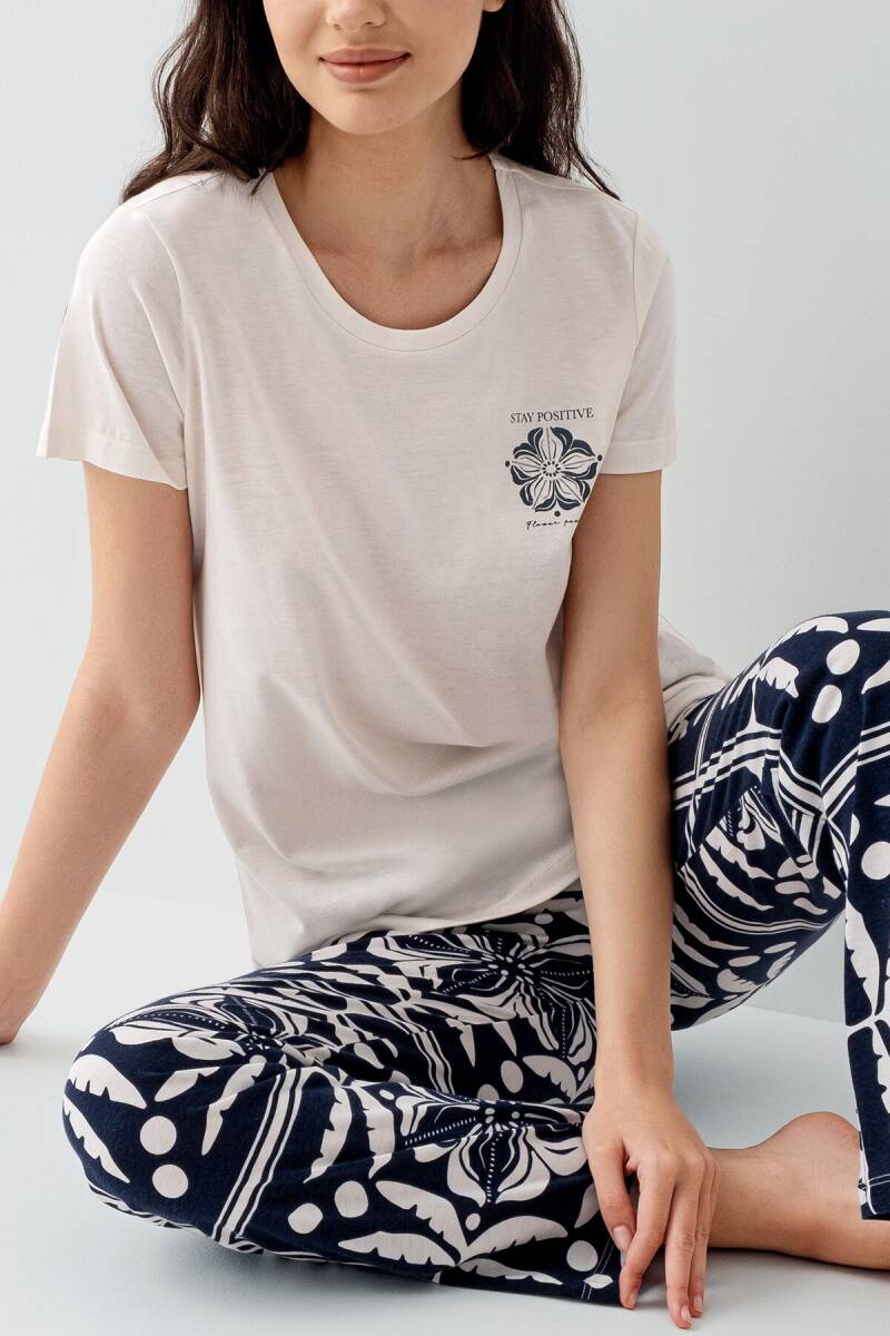 Arnetta Kadın Pamuklu Bisiklet Yaka Baskılı Yazlık Regular Fit Krem Pijama Takımı AR3565-S-V2 - 3