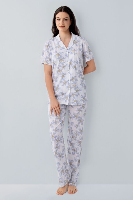 Arnetta Kadın Pamuklu Gömlek Yaka Baskılı Yazlık Regular Fit Mavi Pijama Takımı AR3626-S-V2 - 2