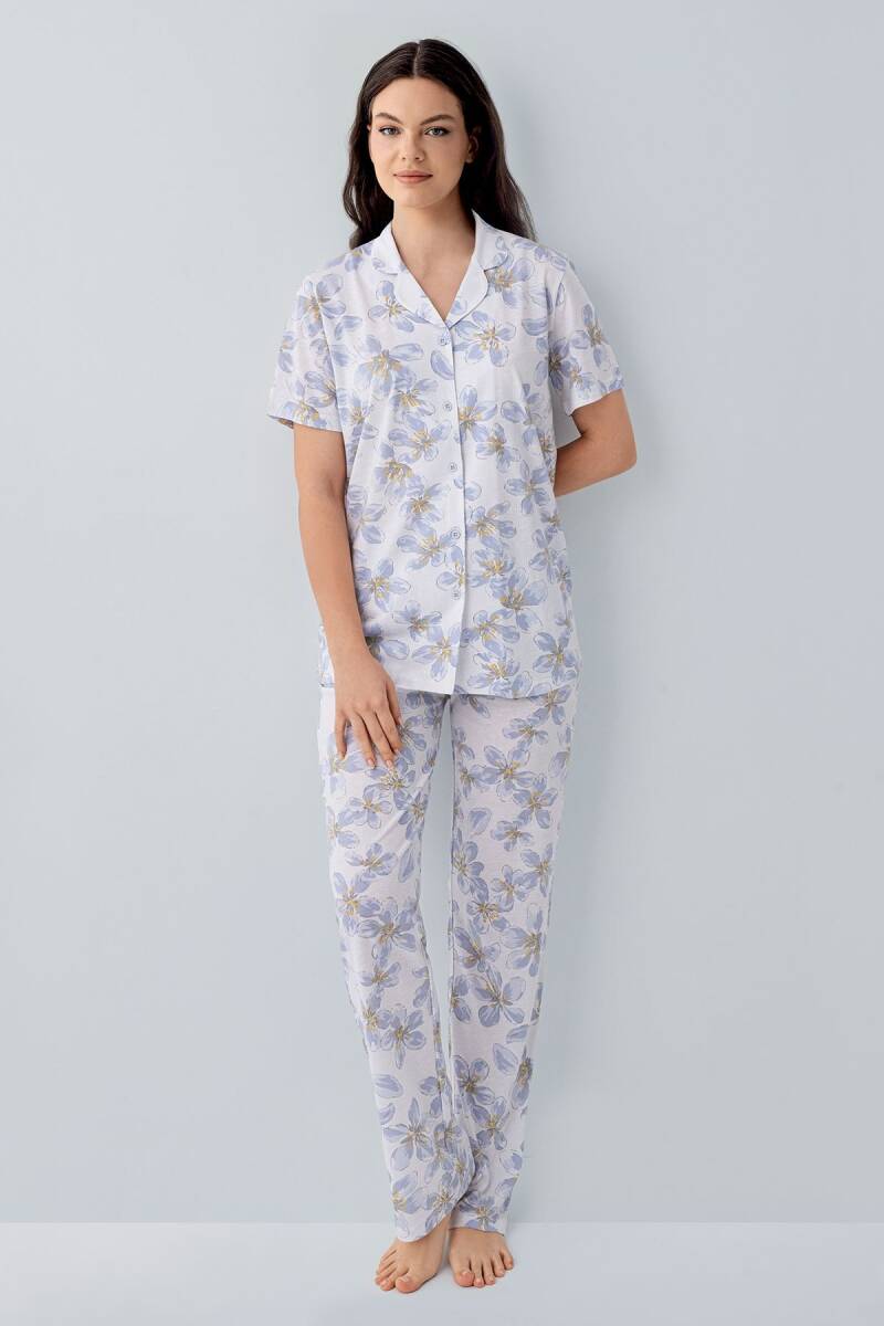 Arnetta Kadın Pamuklu Gömlek Yaka Baskılı Yazlık Regular Fit Mavi Pijama Takımı AR3626-S-V2 - 2