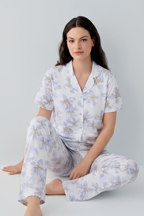 Arnetta Kadın Pamuklu Gömlek Yaka Baskılı Yazlık Regular Fit Mavi Pijama Takımı AR3626-S-V2 