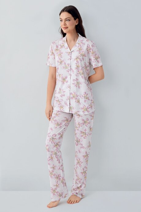 Arnetta Kadın Pamuklu Gömlek Yaka Baskılı Yazlık Regular Fit Pembe Pijama Takımı AR3626-S-V1 - 2