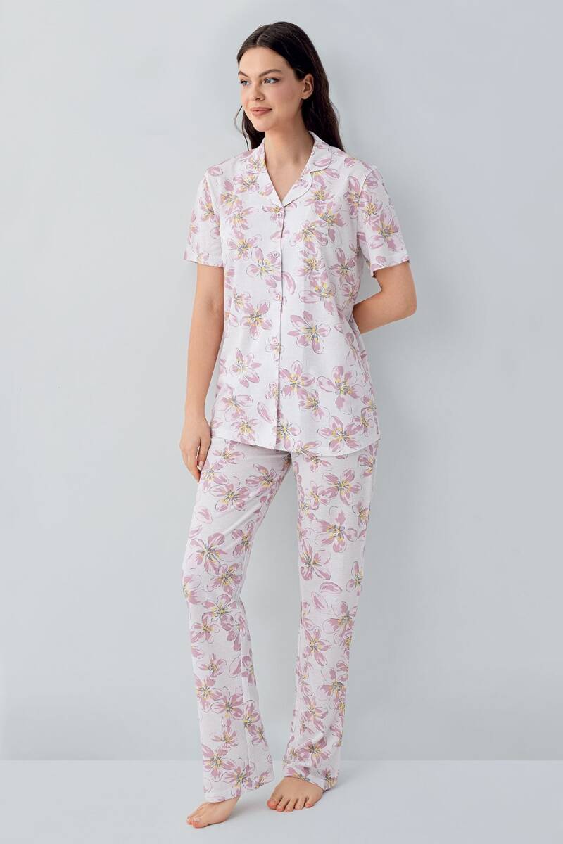 Arnetta Kadın Pamuklu Gömlek Yaka Baskılı Yazlık Regular Fit Pembe Pijama Takımı AR3626-S-V1 - 2