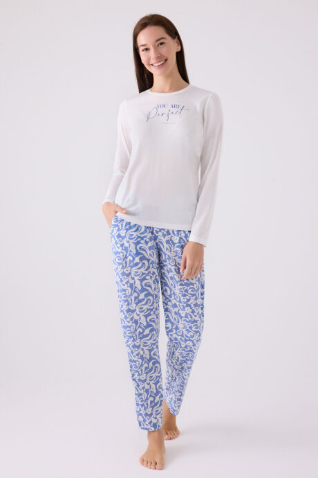 Arnetta Kadın Bisiklet Yaka Pigment Baskılı Kışlık Regular Fit Beyaz Pijama Takımı AR3068-S-V1 - 1