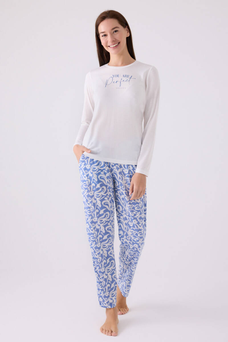 Arnetta Kadın Bisiklet Yaka Pigment Baskılı Kışlık Regular Fit Beyaz Pijama Takımı AR3068-S-V1 - 1