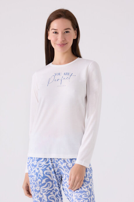 Arnetta Kadın Bisiklet Yaka Pigment Baskılı Kışlık Regular Fit Beyaz Pijama Takımı AR3068-S-V1 - 2