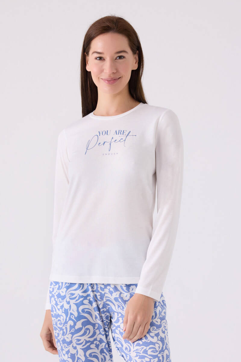 Arnetta Kadın Bisiklet Yaka Pigment Baskılı Kışlık Regular Fit Beyaz Pijama Takımı AR3068-S-V1 - 2