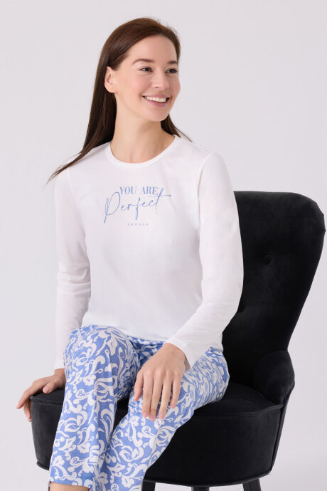 Arnetta Kadın Bisiklet Yaka Pigment Baskılı Kışlık Regular Fit Beyaz Pijama Takımı AR3068-S-V1 - 3