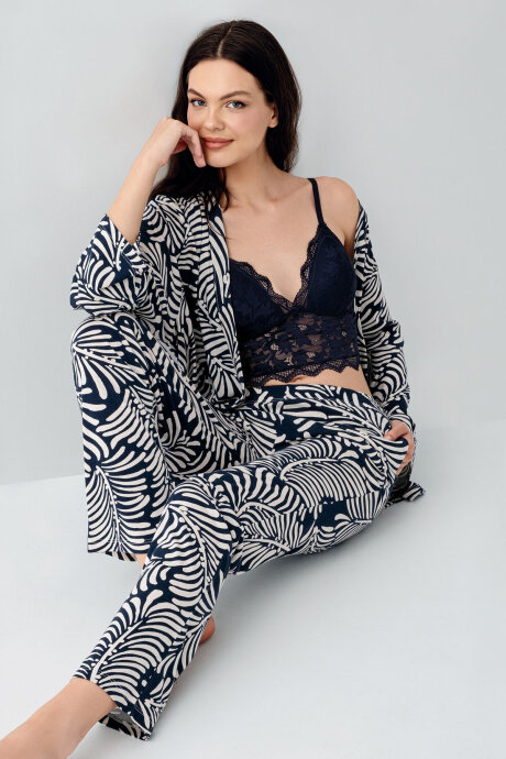 Arnetta Kadın Gömlek Yaka Baskılı Yazlık Regular Fit Lacivert Pijama Takımı AR3608-S-V2