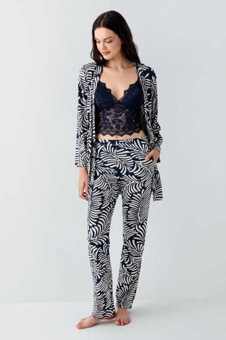 Arnetta Kadın Gömlek Yaka Baskılı Yazlık Regular Fit Lacivert Pijama Takımı AR3608-S-V2 (1)