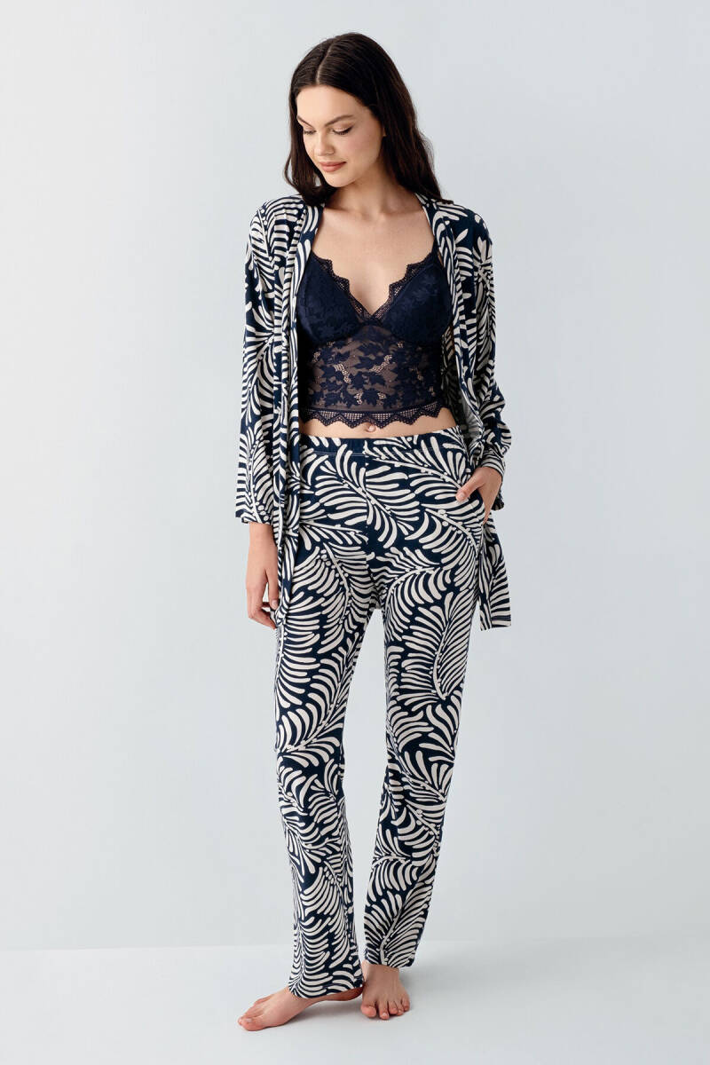 Arnetta Kadın Pamuklu Gömlek Yaka Baskılı Yazlık Regular Fit Lacivert Pijama Takımı AR3608-S-V2 - 2