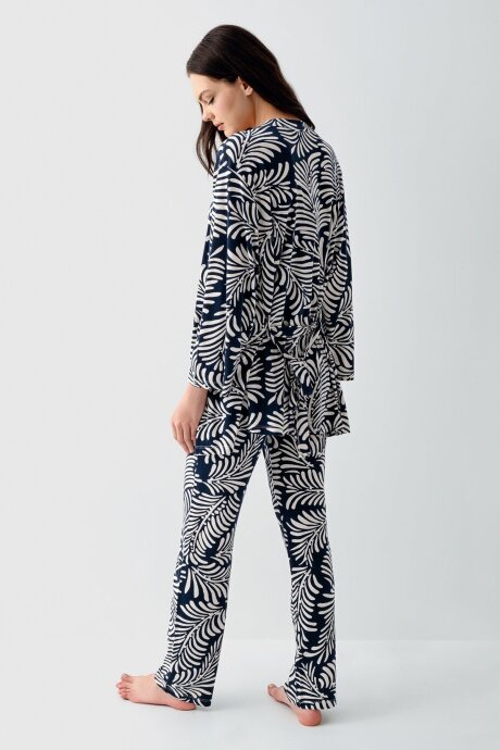 Arnetta Kadın Pamuklu Gömlek Yaka Baskılı Yazlık Regular Fit Lacivert Pijama Takımı AR3608-S-V2 - 4