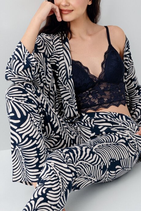 Arnetta Kadın Pamuklu Gömlek Yaka Baskılı Yazlık Regular Fit Lacivert Pijama Takımı AR3608-S-V2 - 5