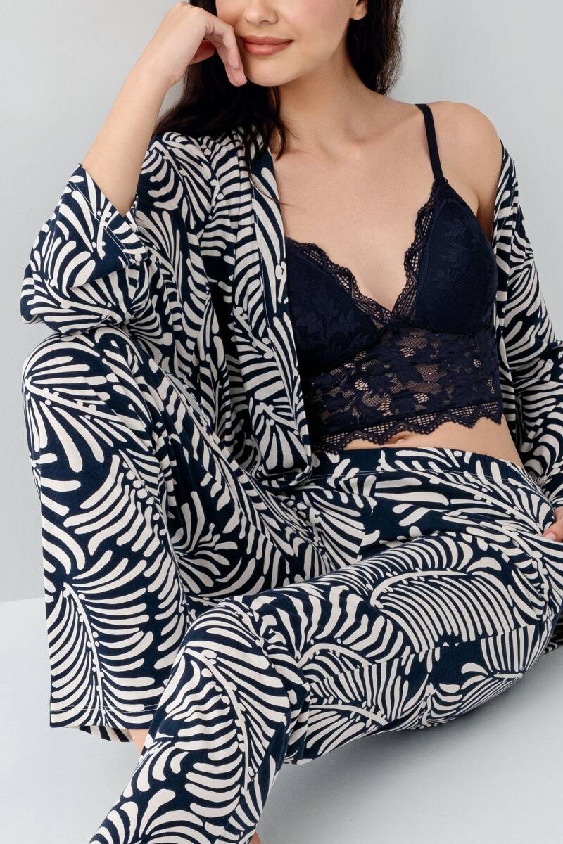 Arnetta Kadın Pamuklu Gömlek Yaka Baskılı Yazlık Regular Fit Lacivert Pijama Takımı AR3608-S-V2 - 5